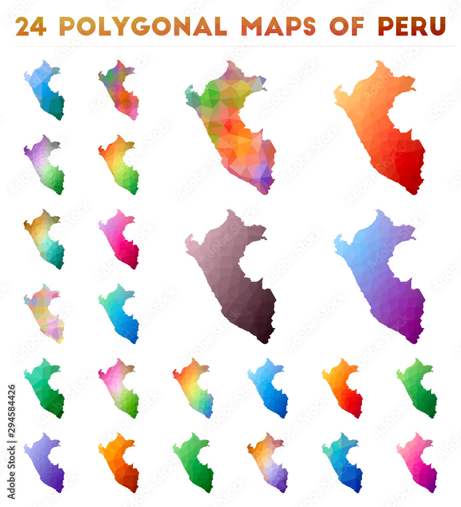 Set of vector polygonal maps of Peru. Bright gradient map of country in low poly style. Multicolored Peru map in geometric style for your infographics.