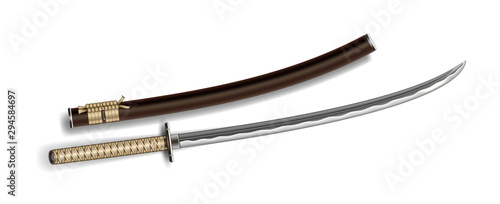 Japanese National Ancient Katana Sword Vector. Vintage Arm Blanche Katana Saber With Curved Iron Sharp Blade. Antique Aggression Weapon Wakizashi Template Realistic 3d Illustration