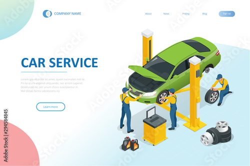 Isometric car repair maintenance autoservice center garage and car service concept. Technicians replace vehicle part, wheels.