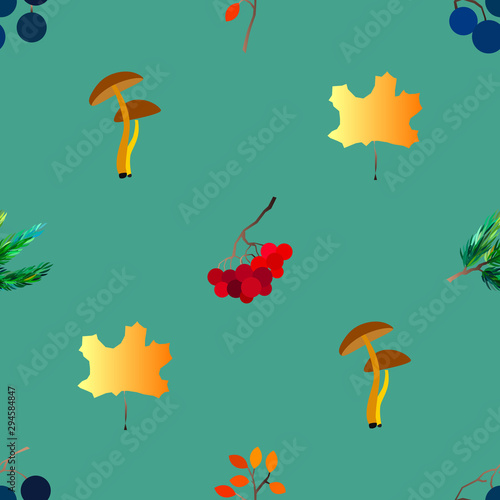 Autumn vector seamless pattern with berries  acorns  pine cone  mushrooms  branches and leaves.