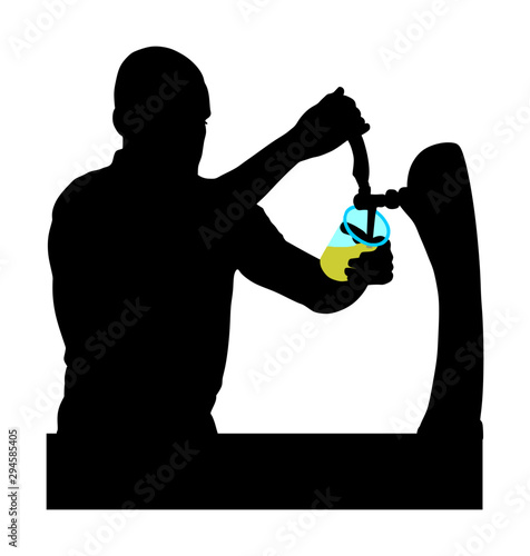 Bartender pouring beer for client vector silhouette isolated on white background. Dispensing beer in bar from metal spigots, tapping beer. Waiter man service drink for quests. Party beverage enjoy.
