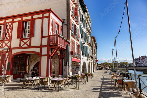 Bayonne, France - View of restaurants and the Nive of the city of Bayonne.