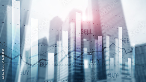 Candle stick graph chart of stock market investment trading on buildings city background