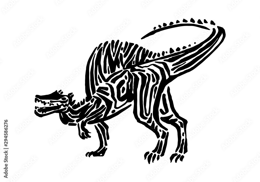 Ancient extinct jurassic spinosaurus dinosaur vector illustration ink painted, hand drawn grunge prehistoric reptile, black isolated silhouette on white background Ancient extinct jurassic spinosaurus dinosaur vector illustration ink painted, hand drawn grunge prehistoric reptile, black isolated silhouette on white background