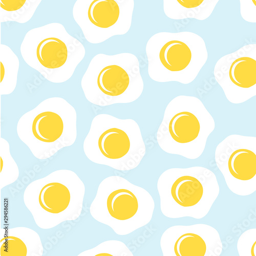 Vector morning breakfast seamless pattern with scrambled eggs. Cartoon illustration on blue background.