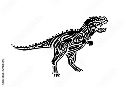 Ancient extinct jurassic carnotaurus dinosaur vector illustration ink painted, hand drawn grunge prehistoric t-rex reptile, black isolated rex silhouette on white background