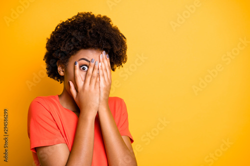 Картината върху платно Copyspace photo of scared terrified casual lady covering her face with hands not