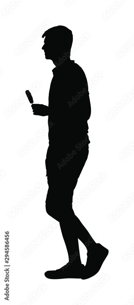 Handsome man walking with ice cream vector illustration. Summer boy eat sweet candy. After work time for dessert. Happy man enjoy outdoor. Sweet desert for tired tourist traveler.
