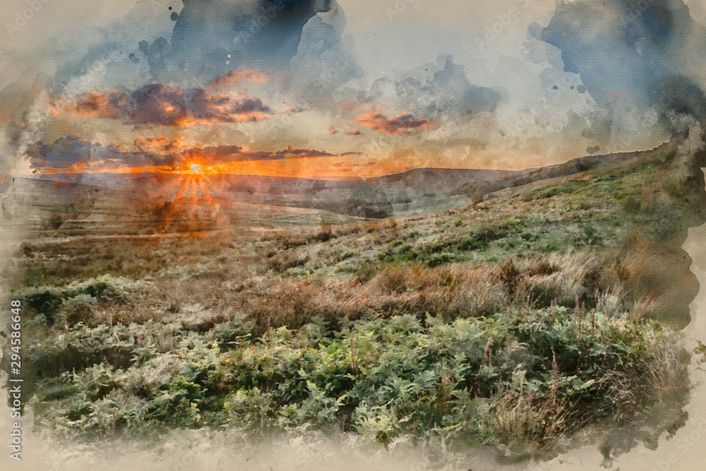 Digital watercolor painting of Stunning landscape image of Stanage Edge during Summer sunset in Peak District Egland
