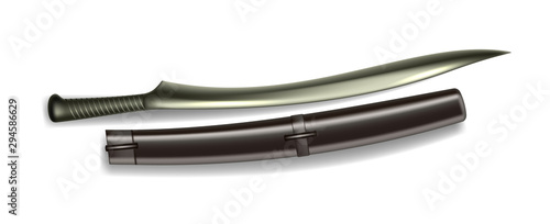 Antique Scimitar With Fine Edge And Holster Vector. Aged Arm Blanche Scimitar Saber With Sharp Blade And Black Case. Metal Aggression Weapon Sword Knife Template Realistic 3d Illustration