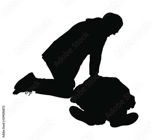 Paramedic rescue patient first aid vector silhouette. Help man in unconscious drowning accident. Drunk person overdose. CPR rescue team. Victim of hearth attack. Woman rescue man by heart massage.