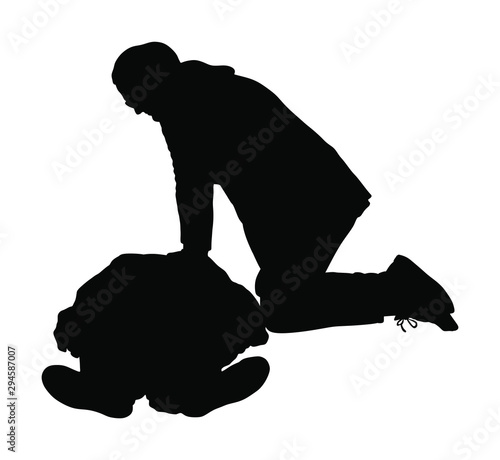 Paramedic rescue patient first aid vector silhouette. Help man in unconscious drowning accident. Drunk person overdose. CPR rescue team. Victim of hearth attack. Woman rescue man by heart massage.