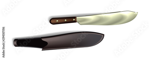 Old Machete With Saw And Leather Holster Vector. Vintage Arm Blanche Machete Saber With Sharp Tooth Blade And Case. Metallic Aggression Weapon Sword Knife Template Realistic 3d Illustration