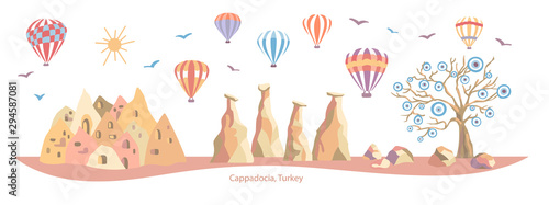 Cappadocia, Turkey. Colorful vector illustration of a famous Turkish travel destination. Evil eye tree, caves, stones, fairy chimneys, bright hot air balloons. Horizontal banner, card, poster design. 