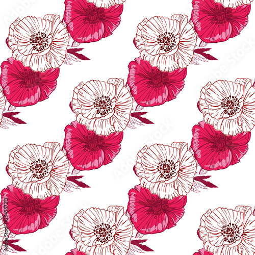 Flourish poppies pattern in line art style. Poppy flower line art. Botanical seamless vector texture. Colorful background blossoming bloomy vector. Wildflowers handcrafted artsy poppy surface design