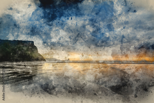 Digital watercolor painting of Landscape image of old shipwreck on beach at sunset in Summer photo