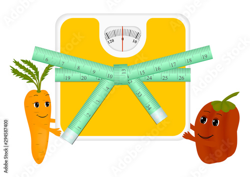 Cartoon carrots and peppers holding a scale with a centimeter tape. Isolated vector