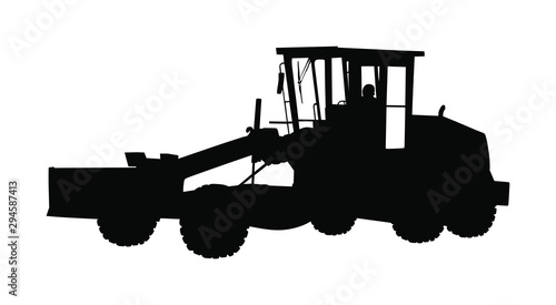 Motor grader. Road grader vector silhouette isolated on white. Earth 
moving machine. Leveling ground on construction site. Asphalt bulldozer 
truck. Hard worker driver on heavy industrial machine. photo