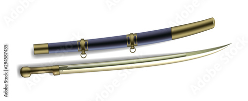 Cossack Saber With Fine Edge And Scabbard Vector. Beautiful Aged Arm Blanche Cossack Shashka With Sharp Blade And Case. Metal Aggression Military Weapon Sword Knife Template Realistic 3d Illustration