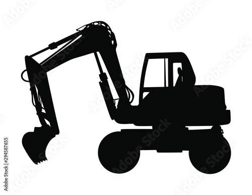 Big bulldozer loader vector silhouette isolated on white background. Dusty digger silhouette illustration. Excavator dozer for land. Under construction. Building machine bager. Motor grader isolated.
