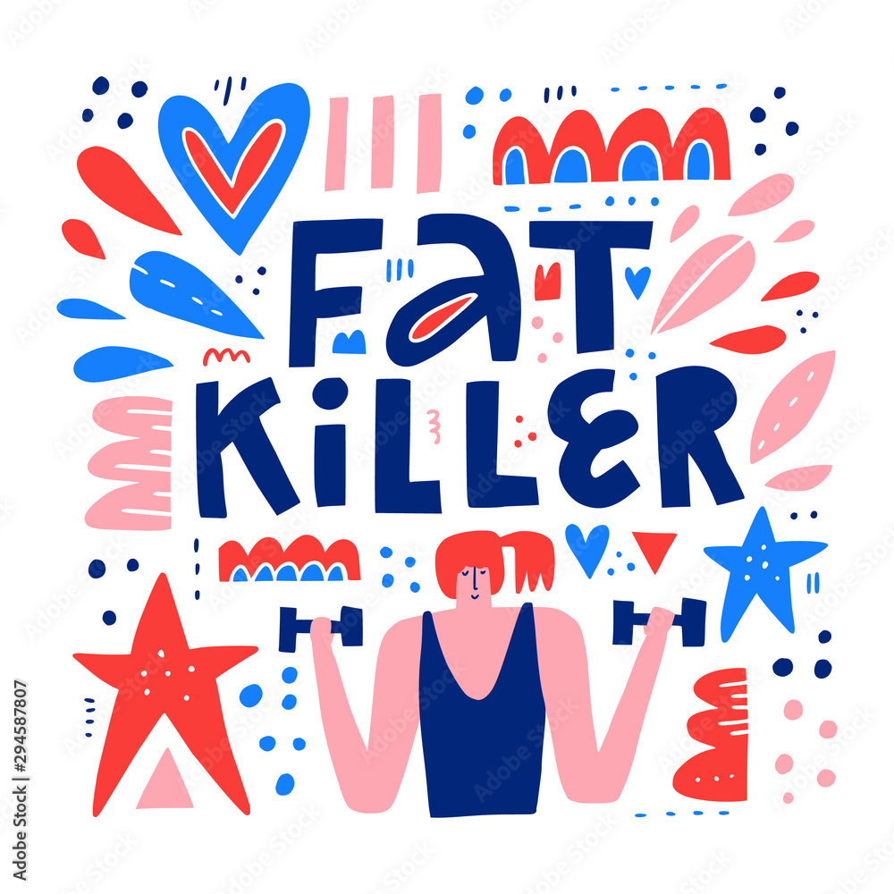 Fat killer hand drawn banner vector template. Woman training cartoon character. Weight loss, slimming poster concept. Sportswoman and abstract symbols scandinavian style illustration with typography