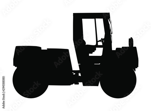 Road roller working on new road construction site vector silhouette illustration isolated on white background. Asphalt roller heavy industrial machine. Asphalt paving repair street.
