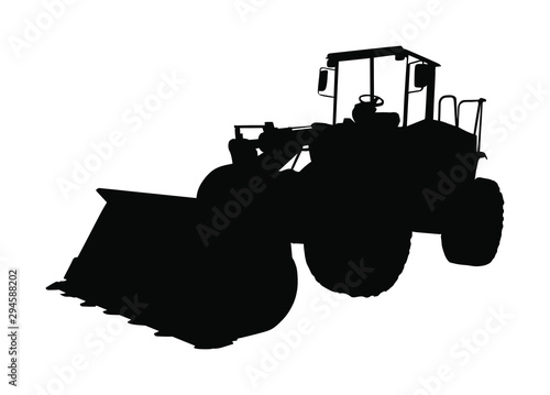 Big bulldozer loader vector silhouette isolated on white background. Dusty digger silhouette illustration. Excavator dozer for land. Under construction. Building machine bager. Motor grader isolated.