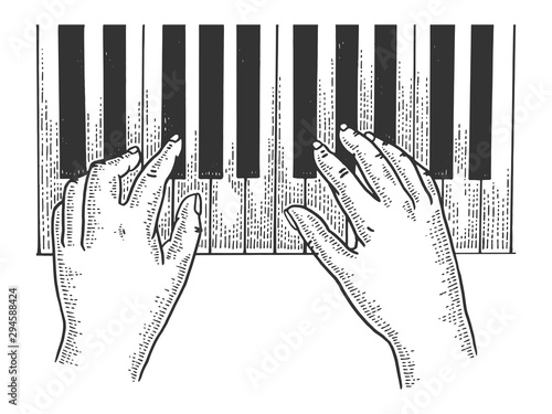 Hands and piano keys sketch engraving vector illustration. T-shirt apparel print design. Scratch board style imitation. Black and white hand drawn image.