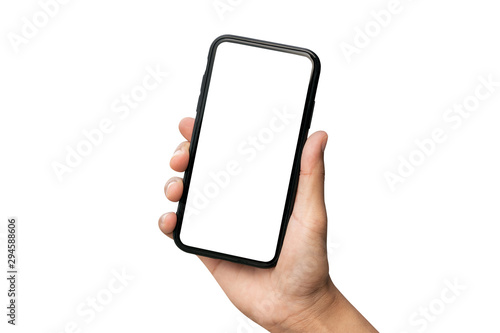 Hand holding smartphone isolated on white background.
