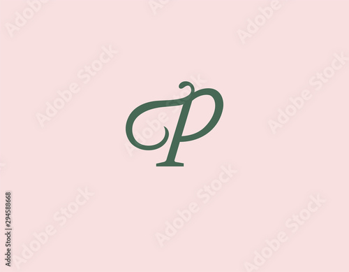 Simple logo icon green letter P with curved element for your company