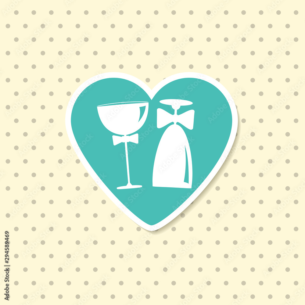 Two wine glasses as groom and bride in heart. Wedding Invitation card. Vector Illustration