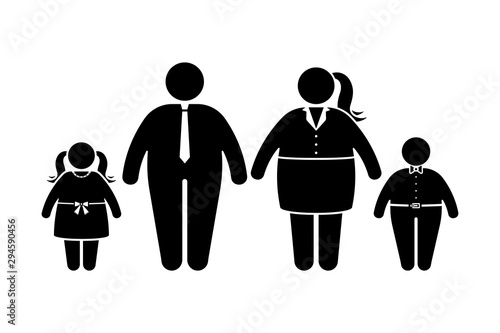Fat family stick figure vector icon set. Obese people, children couple black and white flat style pictogram on white background