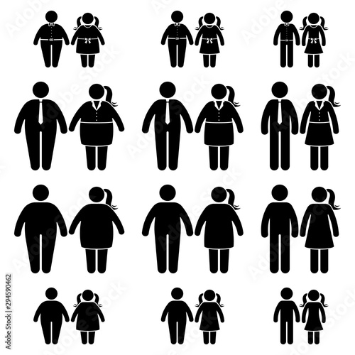 Fat parents and children stick figure vector icon set. Obese people, kids, couple black and white flat style pictogram on white background