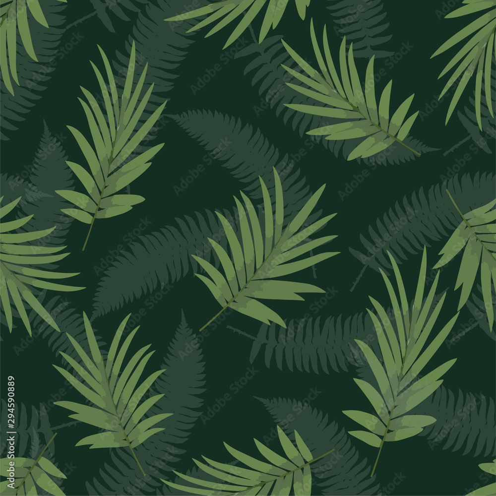 Tropical pattern with palm leaves on dark blue backdrop. Seamless green botanical backdrop. Vector illustration. Tropical pattern with palm leaves on dark blue backdrop. Seamless green botanical backdrop. Vector illustration.