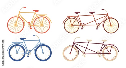 Isolated in white background flat cycle set. Colorful bicycle for one and two people. Single and tandem bike