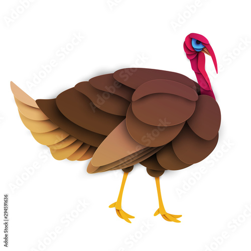 Cartoon farm turkey bird in trendy paper cut craft graphic style. Modern design for advertising, branding greeting card, cover, poster, banner. Vector illustration. photo