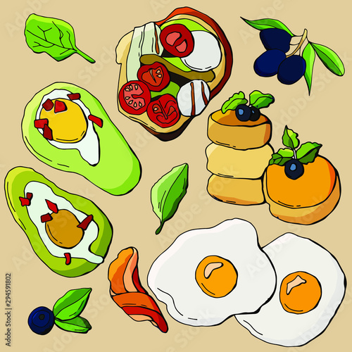 breakfast, fried eggs with bacon, toast, avocado, cheesecakes