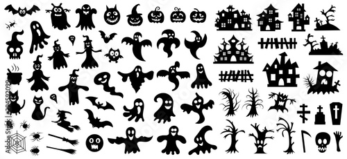 Fototapeta Naklejka Na Ścianę i Meble -  Set of silhouettes of Halloween on a white background. Vector illustration