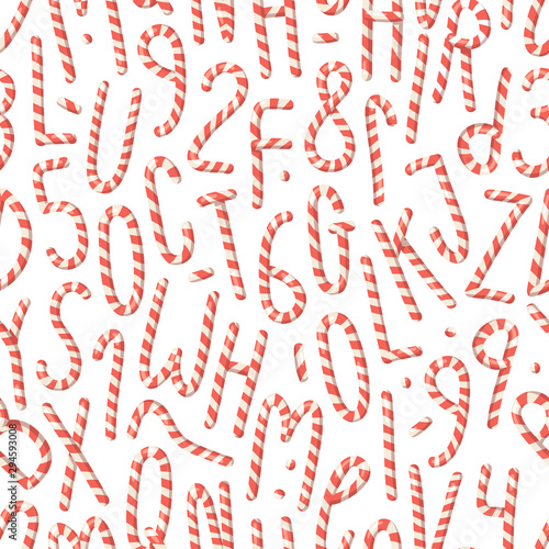 Cartoon vector illustration Christmas Candy Cane. Hand drawn seamless pattern with font. Actual Creative Holidays sweet alphabet