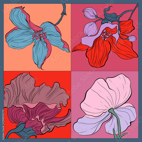 Colorful silk scarf with flowers. Pink, blue, violet on red.