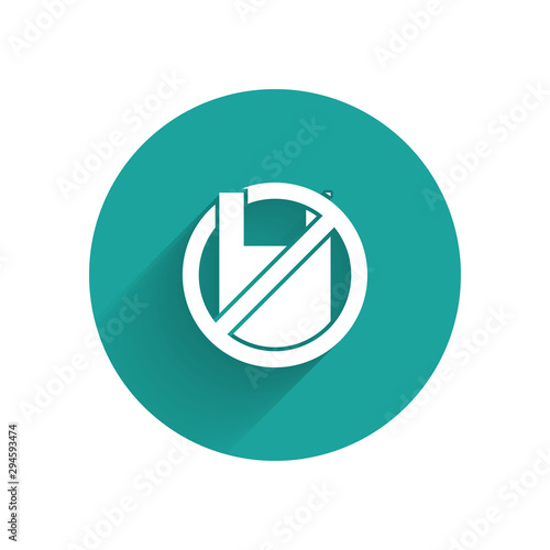 White Say no to plastic bags poster icon isolated with long shadow. Disposable cellophane and polythene package prohibition sign. Green circle button. Vector Illustration