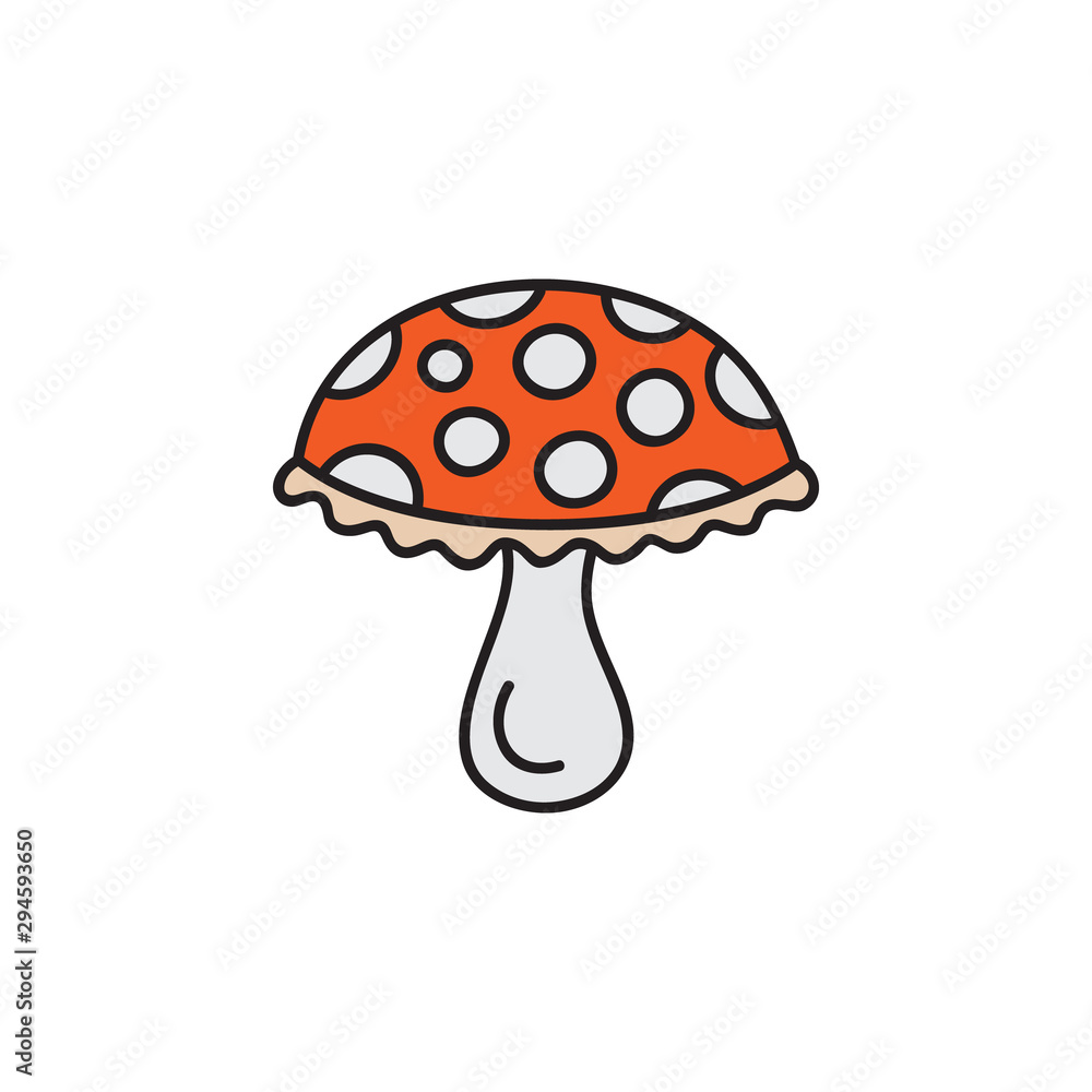 Mushroom vector illustration. Cute hand drawn outlined autumn red amanita fungus. Isolated cartoon graphic icon. Mushroom vector illustration. Cute hand drawn outlined autumn red amanita fungus. Isolated cartoon graphic icon.