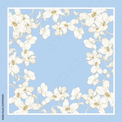 Trend colorful silk scarf with flowers. Gold, blue and white.