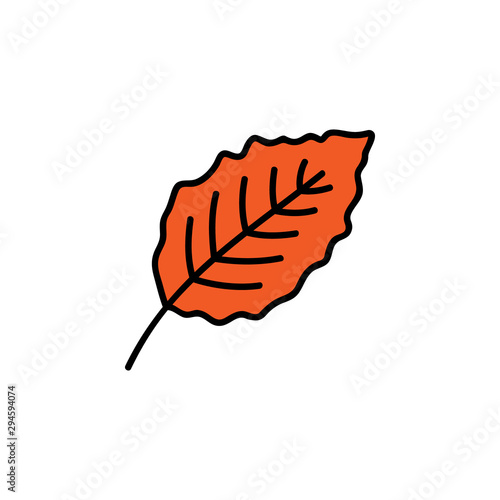 Leaf vector illustration. Hand drawn cute autumn red beech leaf. Isolated cartoon graphic icon.