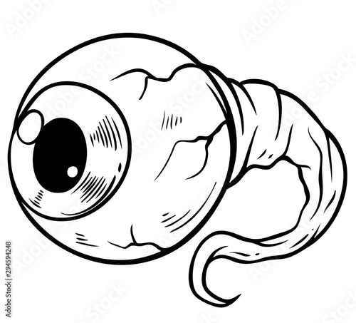 Cartoon black and white crazy monster angry halloween flying eye with nerve. Isolated on white background. Vector icon.