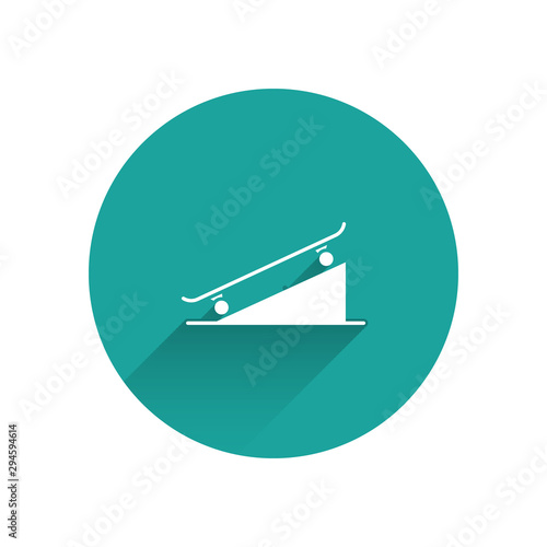 White Skateboard on street ramp icon isolated with long shadow. Extreme sport. Sport equipment. Green circle button. Vector Illustration