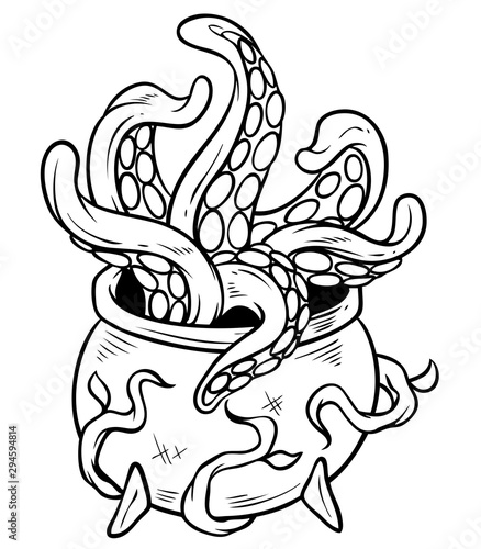 Cartoon black and white halloween witchs cauldron brew with octopus tentacles and wooden roots. Isolated on white background. Vector icon.