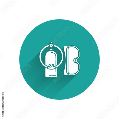 White Diving mask and aqualung icon isolated with long shadow. Oxygen tank for diver. Extreme sport. Sport equipment. Green circle button. Vector Illustration