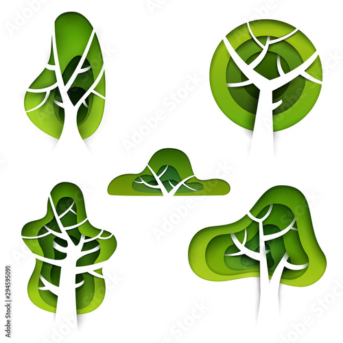 Set of abstract cartoon green trees in paper cut art style isolated on white background. Vector colorful minimalistic design concept. Creative 3d illustration or template.