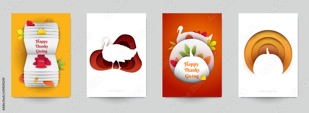 Plakat Set background for covers, invitations, posters, banners, flyers, placards. Minimal template design for branding, advertising with thanksgiving day composition in papercut style. Vector illustration.